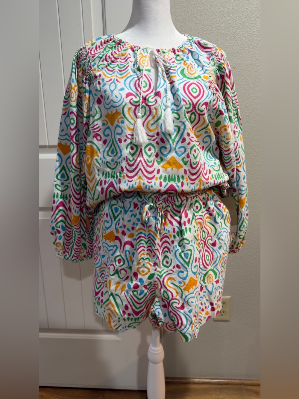 Calligraphie Linen Blend Blouse Shorts Set Lightweight Vacation Matching Outfit